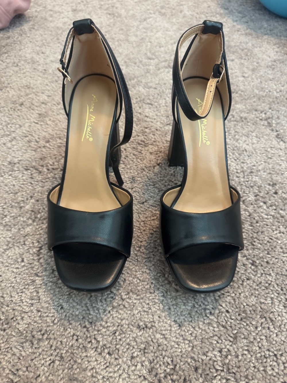 Anne Michelle Black Open-Toe Ankle-Strap Block Heels